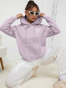 INAWLY 心形印花袋鼠口袋落肩抽绳连帽衫，长袖上衣