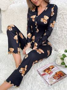 Bear Print Lettuce Trim Button Front Sleep Jumpsuit, Cozy And Elegant Details, Fall & Winter - Black - View 1