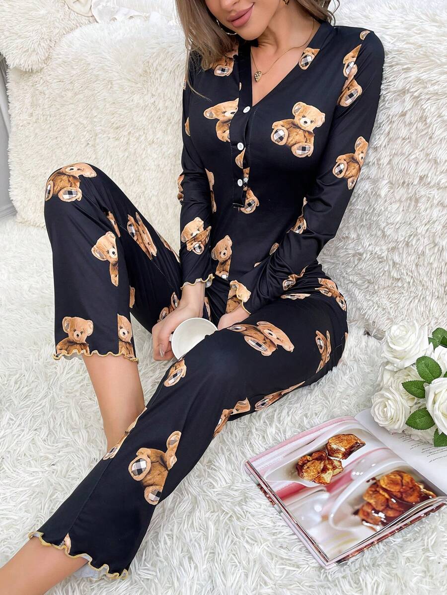 Bear Print Lettuce Trim Button Front Sleep Jumpsuit, Cozy And Elegant Details, Fall & Winter - Black - View 1