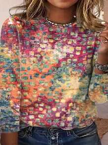 All-over Printed Casual Plus Size Long Sleeve Round Neck T-shirt For Spring & Autumn Sports - Multicolor - View 1