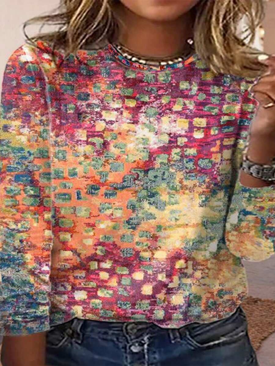 All-over Printed Casual Plus Size Long Sleeve Round Neck T-shirt For Spring & Autumn Sports - Multicolor - View 1