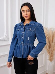 SHEIN Privé Cazadora mezclilla desgarro con diseño de solapa peplum