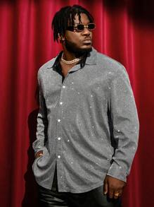 GENTILAND Loose Fit Men's Plus Size Glitter Button Front Shirt - Silver - View 6