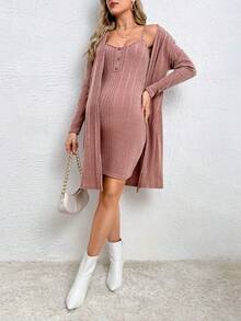 SHEIN Maternity 1pc Solid Cami Dress & 1pc Coat - Dusty Pink - View 6