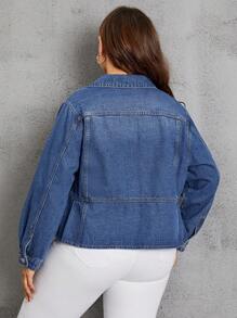 SHEIN LUNE Plus Flap Detail Ruffle Hem Denim Jacket - Blue - View 2