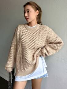 Dazy Star 1pc Solid Cable Knit Drop Shoulder Sweater Fall - Apricot - View 4