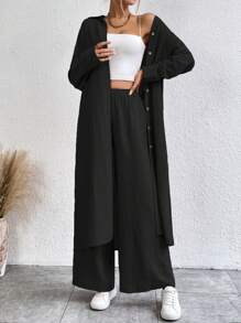 EMERY ROSE Solid Button Front Shirt & Wide Leg Pants - Black - View 3