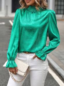 SHEIN LUNE Crocodile Embossed Flounce Sleeve High Neck Blouse - Green - View 5