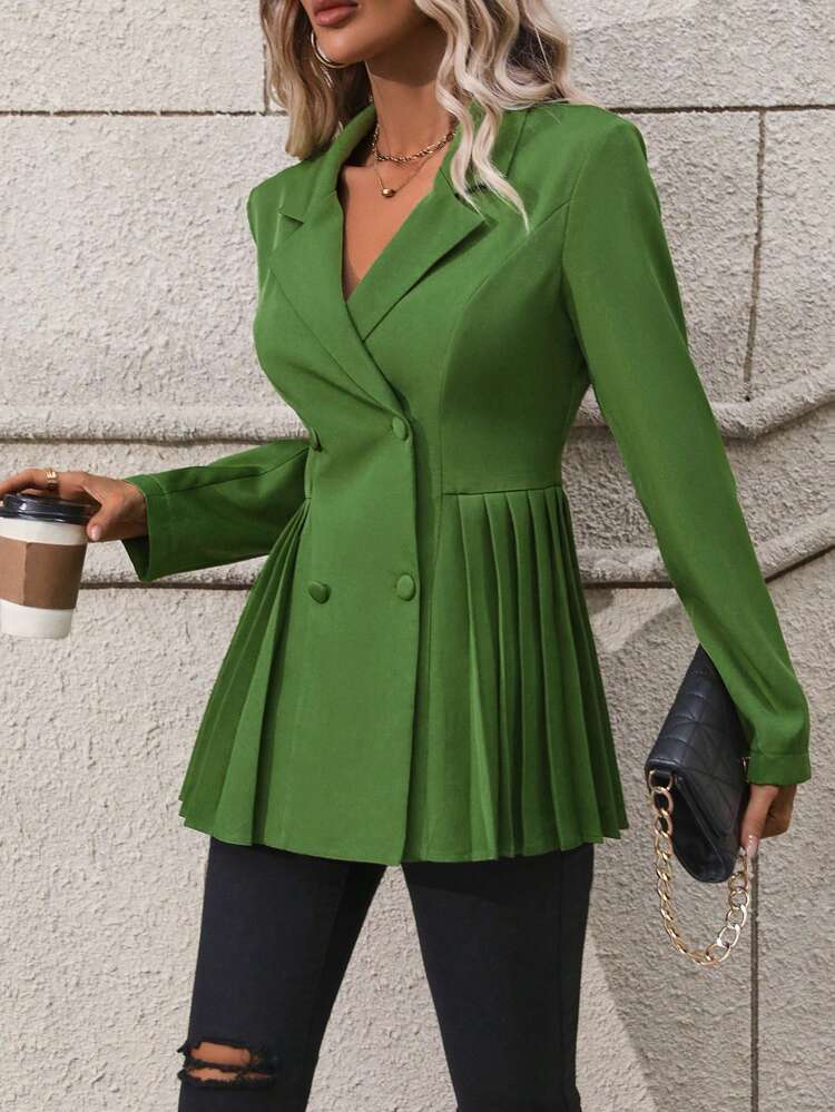 Double Breasted Pleated Detail Coat Fall Cloth For Women