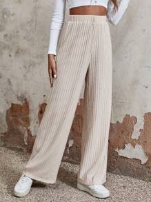 SHEIN LUNE 素色條紋針織闊腿褲 - 杏色 - 查看 5