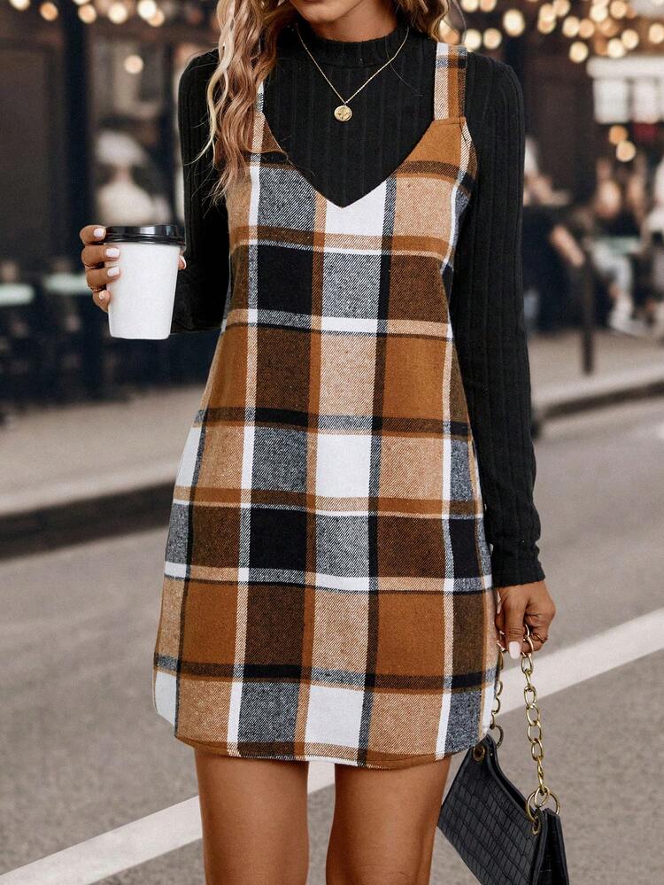 Plaid Print Overall Dress & Tee Fall Cloth For Women