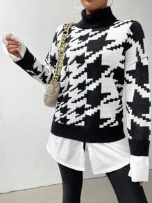 SHEIN LUNE Houndstooth Pattern Turtleneck Drop Shoulder 2 In 1 Knit Pullover Fall Winter Sweater - Black and White - View 5