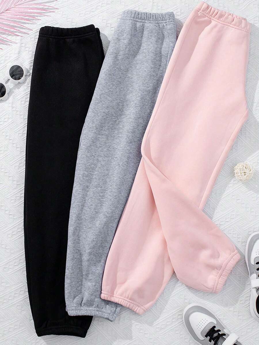 SHEIN Explorewe Conjunto de 3 piezas de pantalones de chándal de cintura elástica de color sólido para niña preadolescente, elegante para otoño/invierno - Multicolor - Ver 1