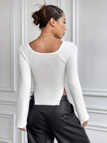 Flirla Ribbed Knit Raglan Sleeve Asymmetrical Hem Crop Sweater