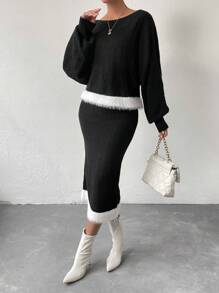 Chiquease Trang trí Fuzzy Thả vai Sweater & Knit Skirt - màu đen - Xem 5
