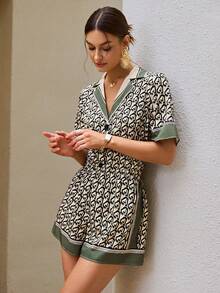 Sollinarry Allover Print Lapel Neck Shirt & Shorts - Green - View 3