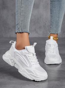 新款女性厚底運動鞋，透氣舒適，白色 - 白色 - 查看 5