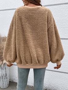 Chiquease Áo nỉ kiểu Teddy tay rớt vai với nơ lớn phía trước, kiểu áo nỉ chui đầu mùa thu. - Màu Khaki - Xem 3