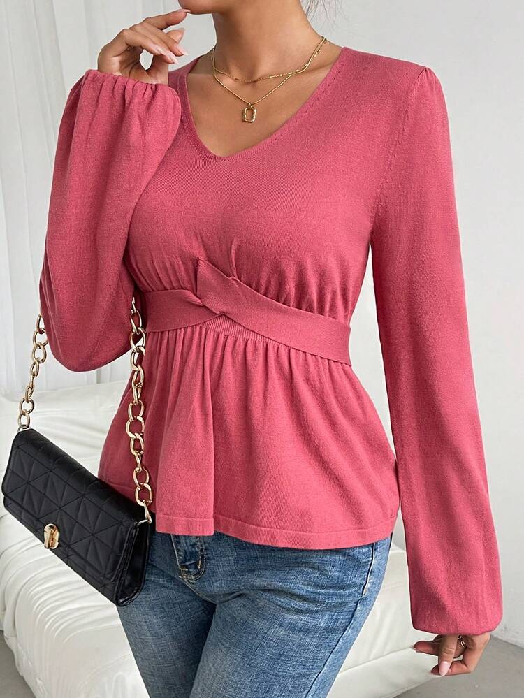 Women's Solid Color Lantern Sleeve Back Bow-Knot Knitted Sweater Fall Winter