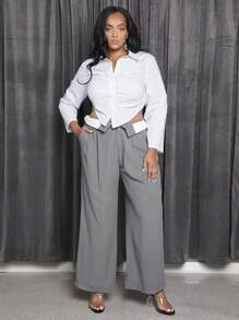 SHEIN SXY Plus Contrast Panel Plicated Detail Wide Leg Suit Pants