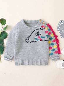 SHEIN Young Girl Fringe Trim Cartoon Pattern Sweater - Grey - View 1