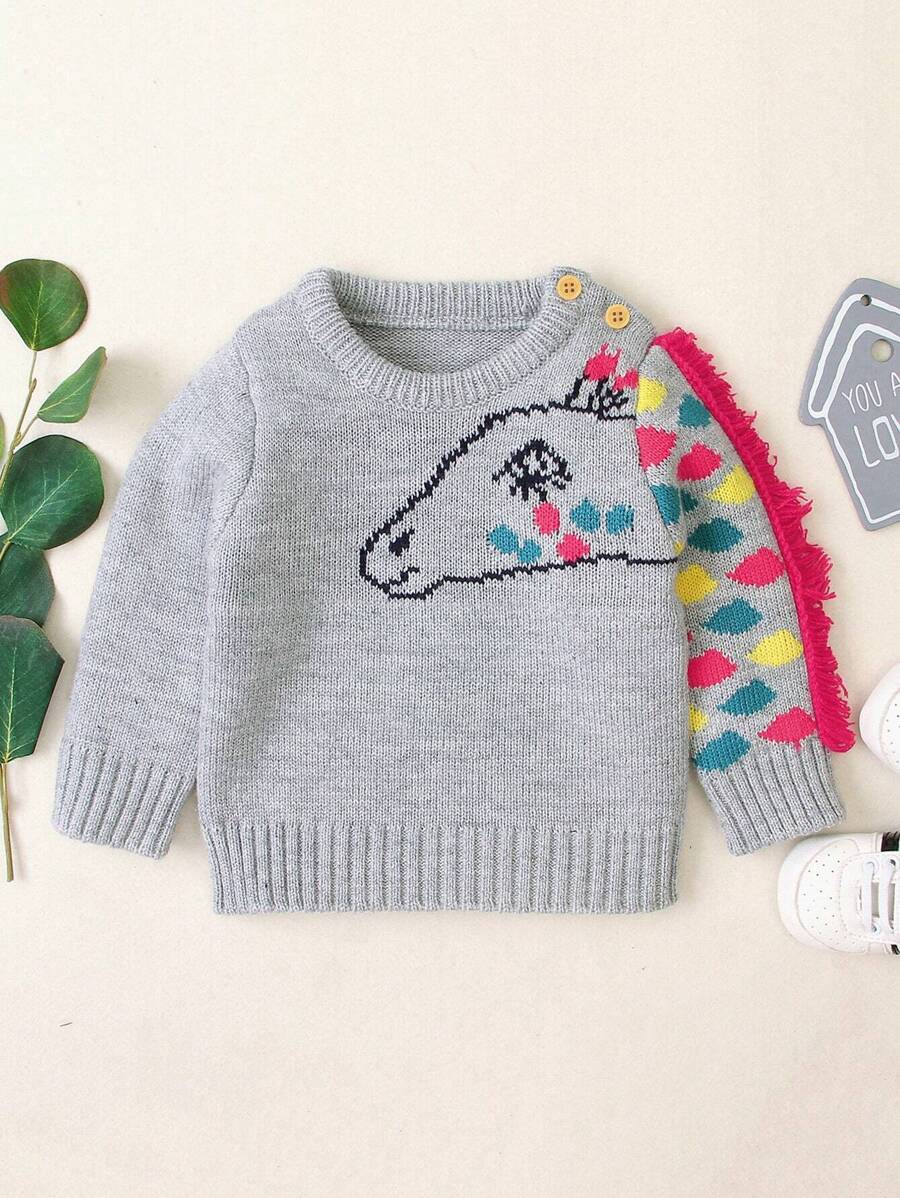 SHEIN Young Girl Fringe Trim Cartoon Pattern Sweater - Grey - View 1