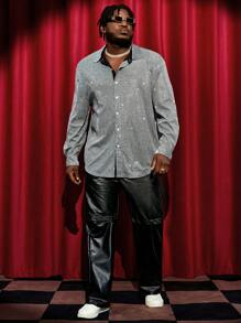 GENTILAND Loose Fit Men's Plus Size Glitter Button Front Shirt - Silver - View 5