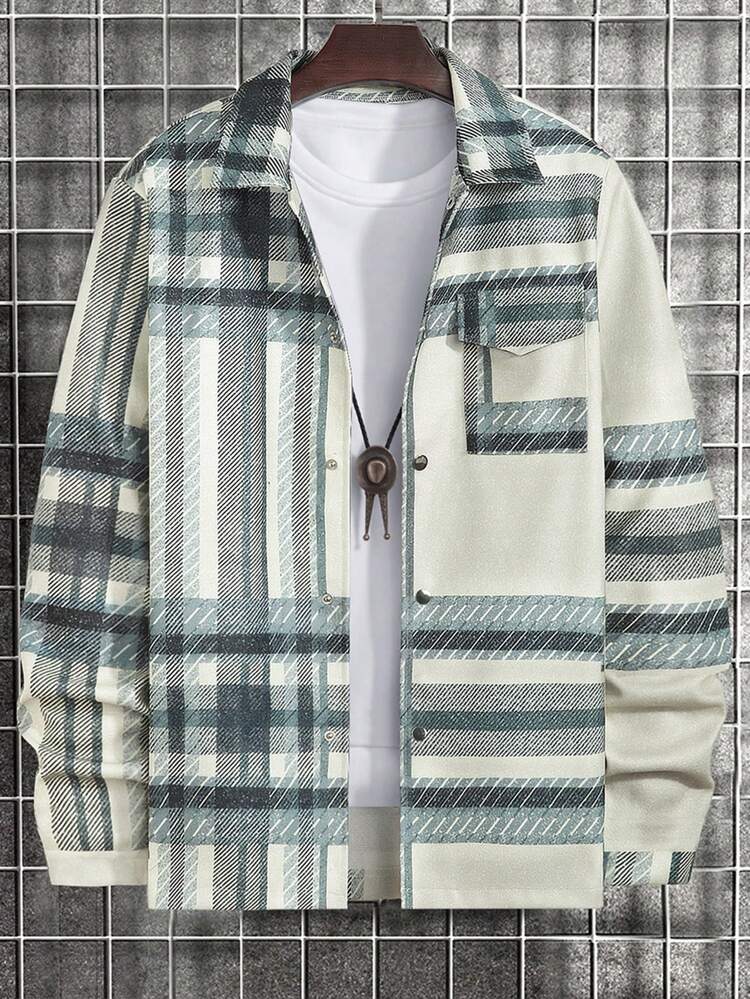 Men Plaid Print Flap Pocket Overcoat