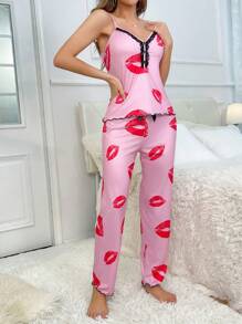 唇印蕾丝边睡衣套装 / 睡衣套装 - 玫紅色 - 查看 6