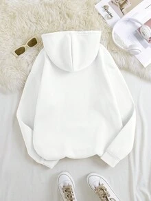 SHEIN EZwear Bướm & hoa in Túi kangaroo Dây rút Áo hoodie ấm áp - trắng - Xem 2