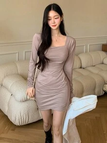 DAZY Của phụ nữ Cổ vuông Tay áo dài Xếp li Đầm - Màu Khaki - Xem 5
