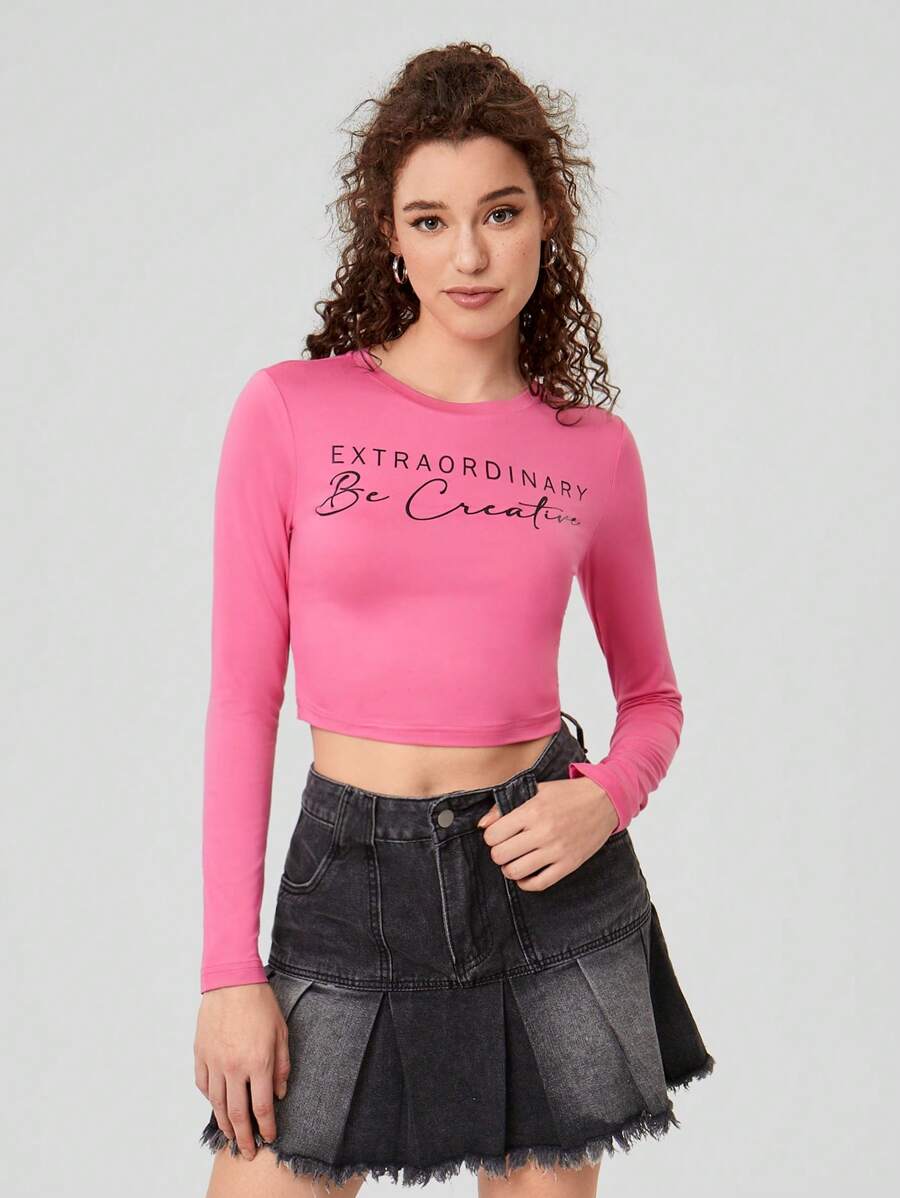 Forever 21 Women's Letter Printed Cropped Long Sleeve T-shirt - Watermelon Pink - View 1