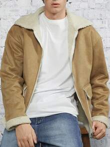 Manfinity RebelGame 宽松版型男式翻盖口袋落肩泰迪内衬夹克 - 棕色 - 查看 3