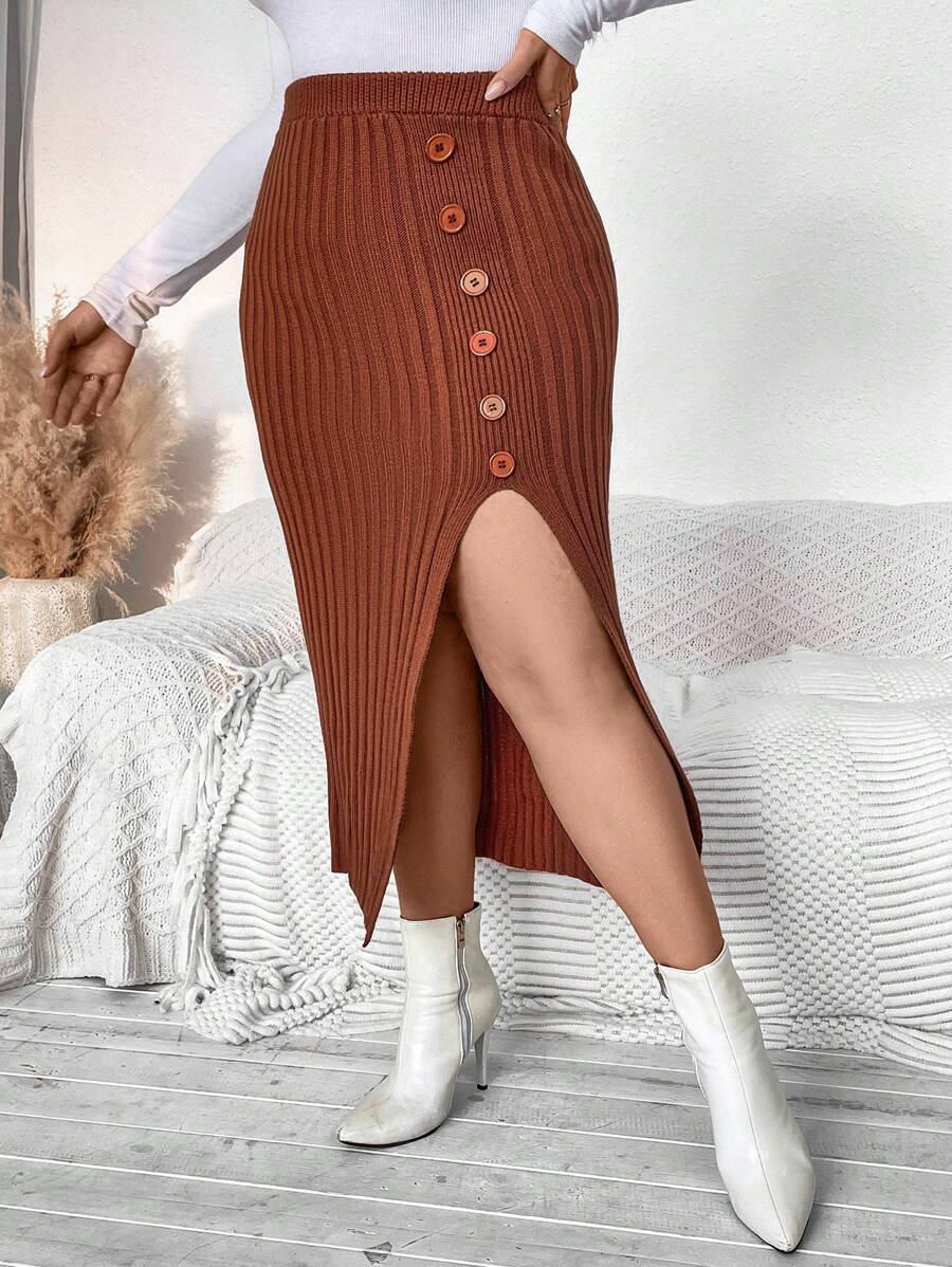 SHEIN Clasi Plus Button Detail Split Thigh Sweater Skirt - Coffee Brown - View 1