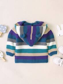 Girls Baby Striped 3d Ear Design Hooded Cardigan