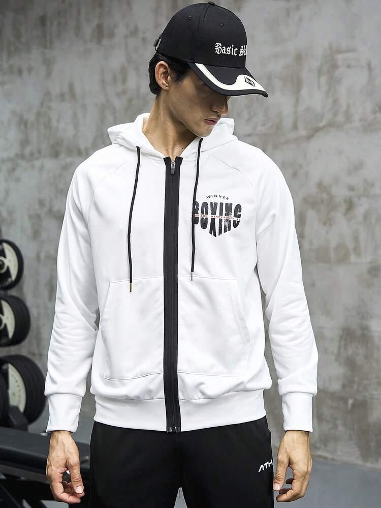 Boyfriend Style Men's Letter Printed Drawstring Hooded Sports Jacket Workout Tops Sports Jacket