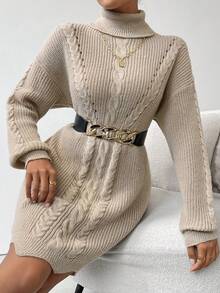 SHEIN Essnce Áo cao cổ Xoắn Dan Thả vai Cắt vỏ sò Đầm Áo len Không có thắt lưng - Xám - Xem 3