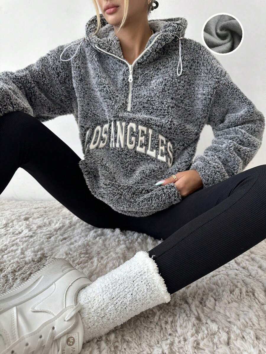 EURMUSE Letter Embroidery Kangaroo Pocket Drop Shoulder Drawstring Teddy Hoodie - Grey - View 1