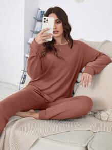 插肩袖華夫格編織休閒服套裝 - 紅木色 - 查看 1