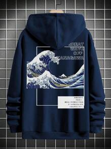 Manfinity Homme 宽松男士连帽衫，饰有标语和波浪印花，袋鼠式口袋和抽绳细节，长袖上衣 - 藏蓝色 - 查看 1