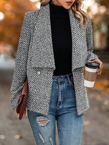 SHEIN LUNE 大翻領開門襟花呢外套 - 深灰色 - 查看 3