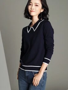 撞色饰边毛衣、长袖上衣