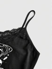 ROMWE Goth Hơn In Nấm Ren tương phản Cami ngọn - màu đen - Xem 3