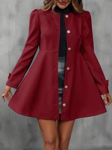 SHEIN Essnce Solid Button Front Overcoat - Burgundy - View 5