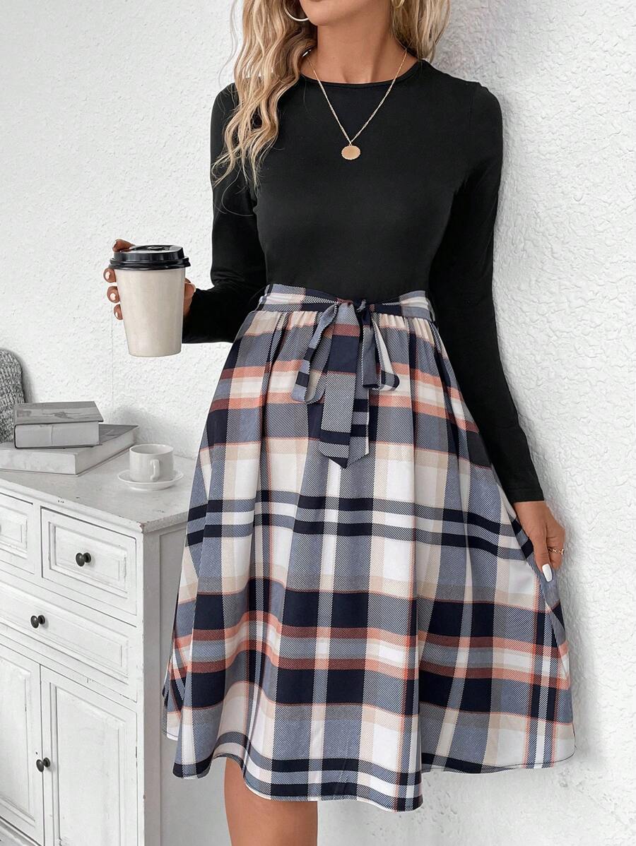 EMERY ROSE Plaid Print Belted Dress Fall Cloth For Women - Multicolor - View 1