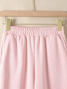 SHEIN Cô gái Tween Thư được vá Tay Raglan Viền không đối xứng Áo thun & quần - Hồng - Xem 3