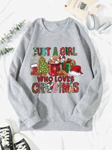 SHEIN EZwear Plus Christmas Print Thermal Lined Sweatshirt Pullover Fall Sweatshirt - Light Grey - View 1