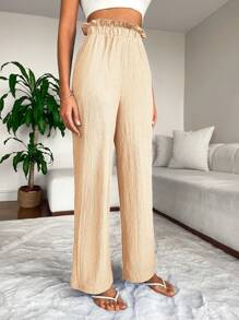 EURMUSE Paperbag Waist Wide Leg Trousers - Apricot - View 5