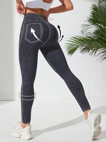 Gameset SHEIN Sport 頂針寬腰帶運動打底褲 - 黑色 - 查看 4