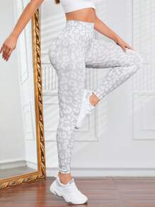 Leopard Print Wide Waistband Sports Leggings - Multicolor - View 6